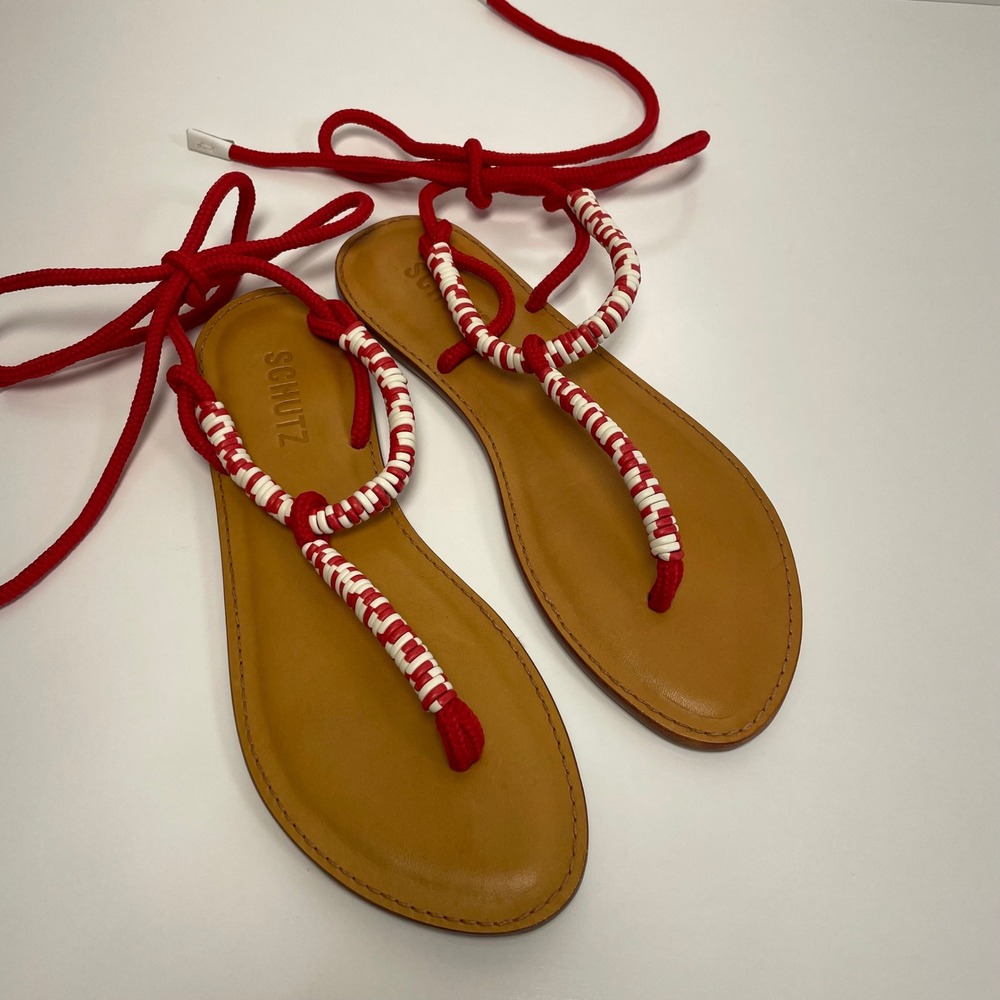 Schutz Claire Leather Sandals Red White Ankle Wrap Lace Up Flat Size 7.5 New